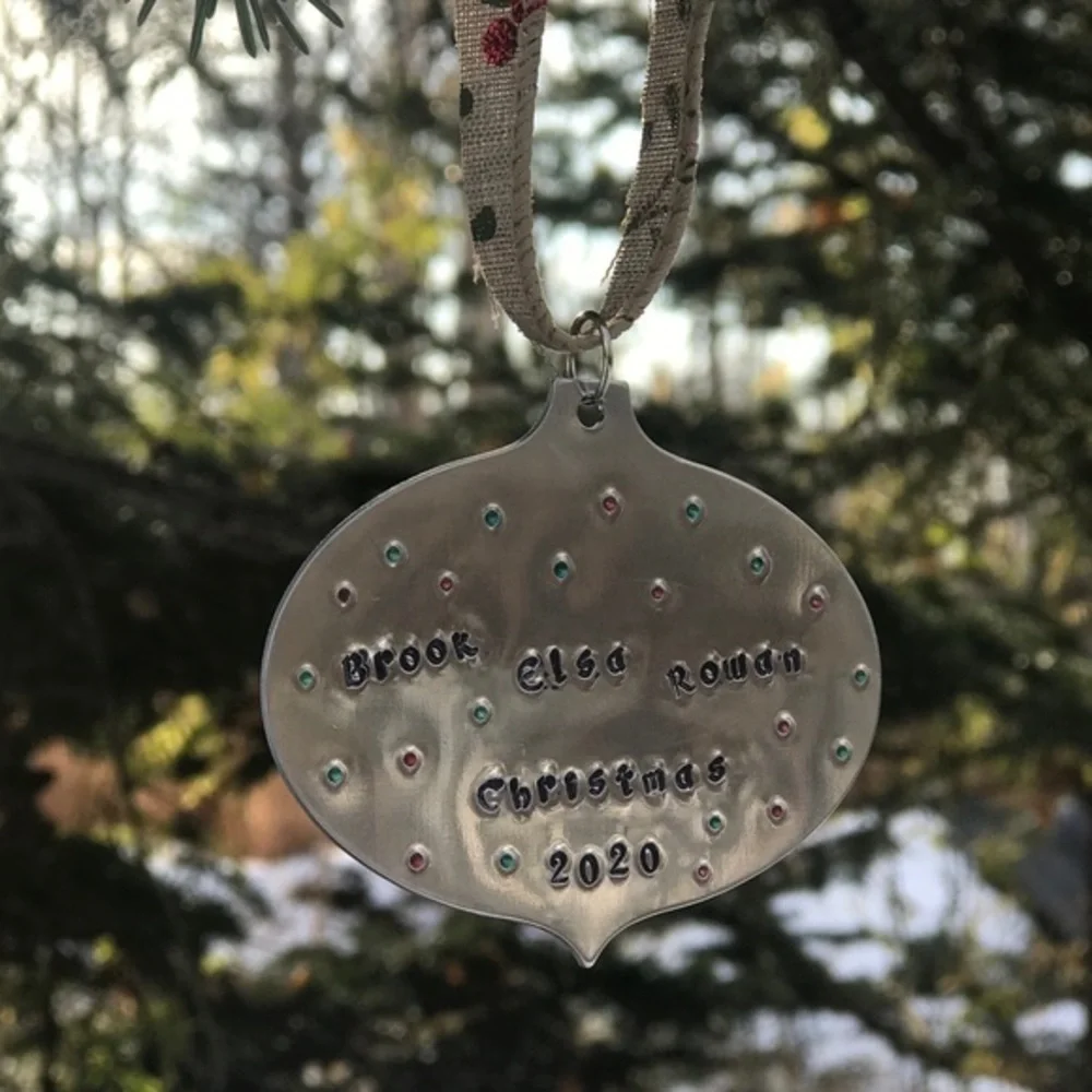 Handmade stamped Personalized silver aluminum  holiday tree Christmas‎ ornament